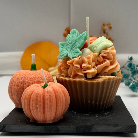 Kerzenset - Halloweencupcake mit 2 Kürbissen